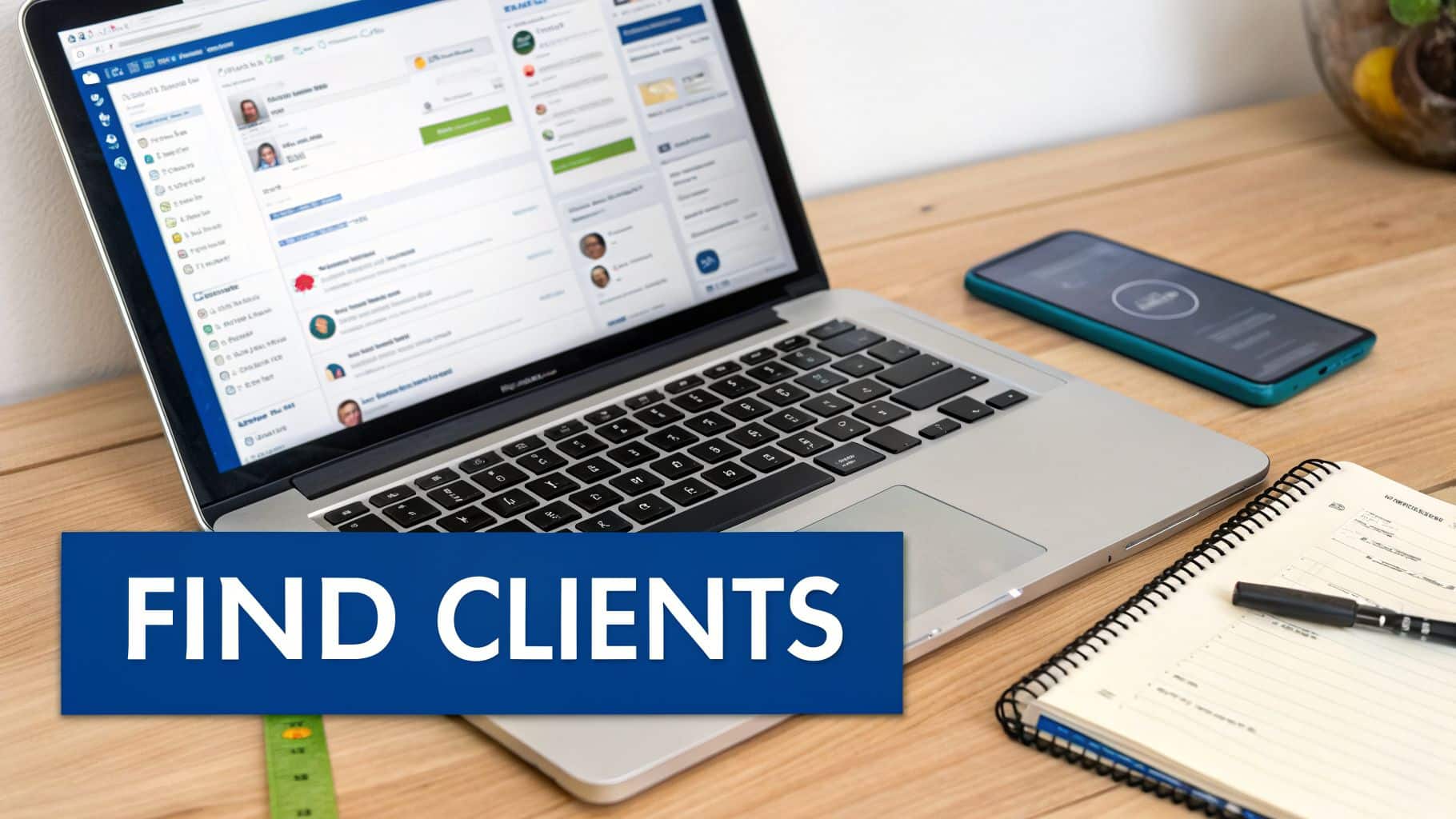 A laptop displaying client profiles, a smartphone, and a notebook on a wooden desk with a 'FIND CLIENTS' banner.
