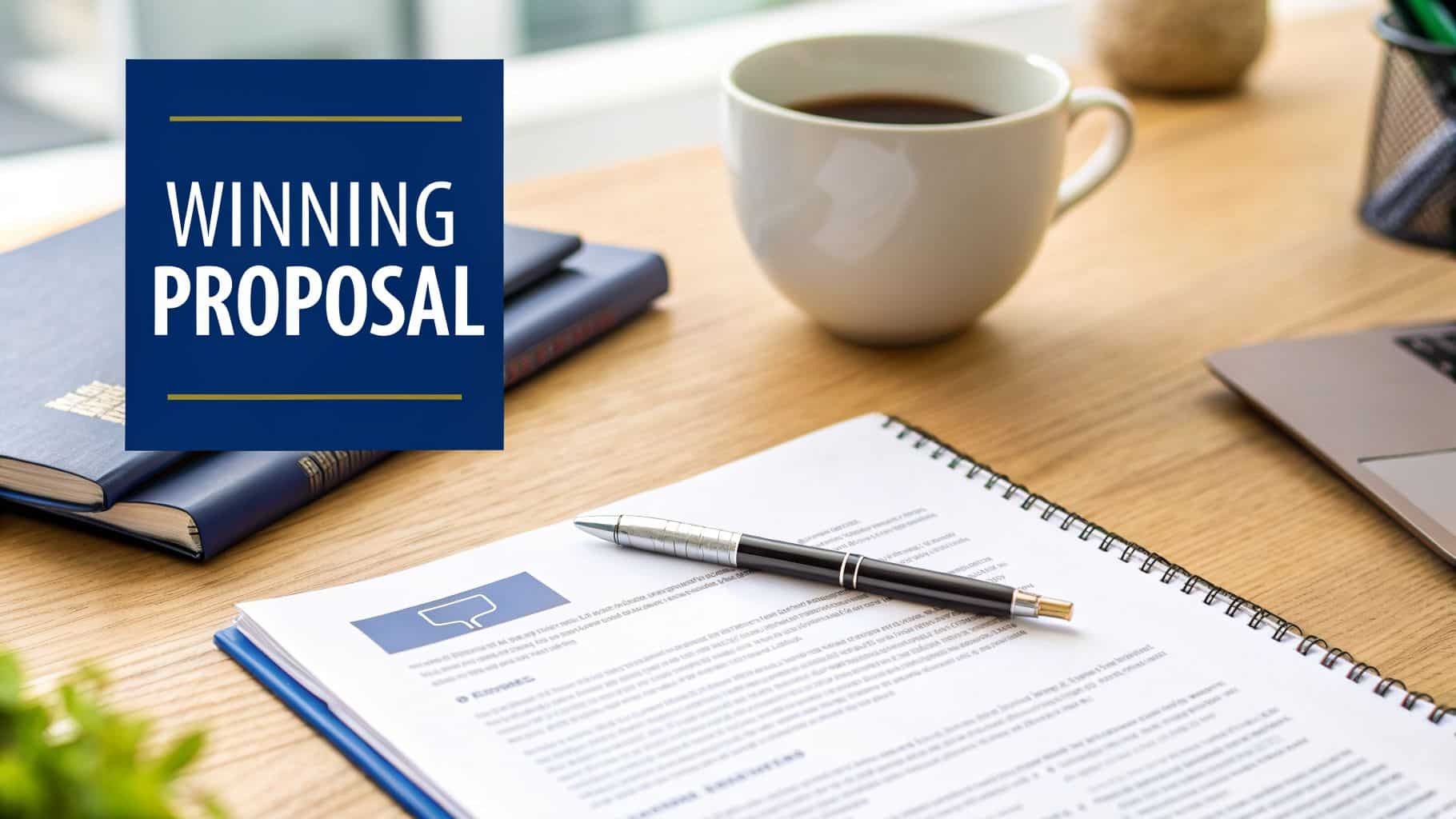 A desk with 'Winning Proposal' text, a pen on a document, coffee, books, and a laptop.