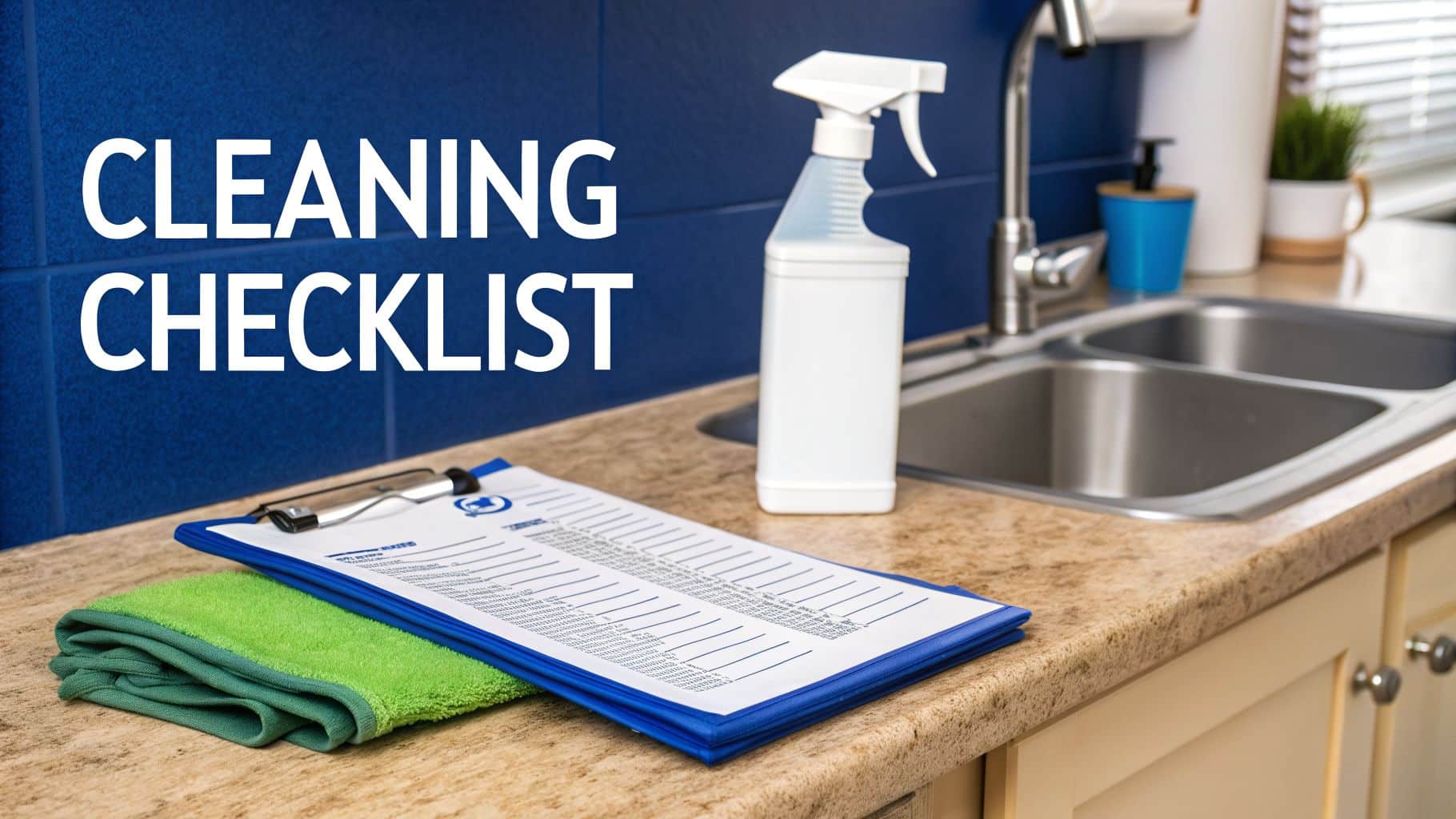 Cleaner Connect A cleaning checklist on a clipboard, spray bottle, and towel on a kitchen counter with a sink.