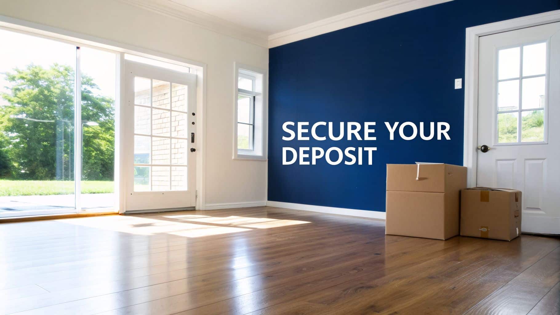 Cleaner Connect A clean, empty room with hardwood floors, a blue wall, moving boxes, and "SECURE YOUR DEPOSIT" text.