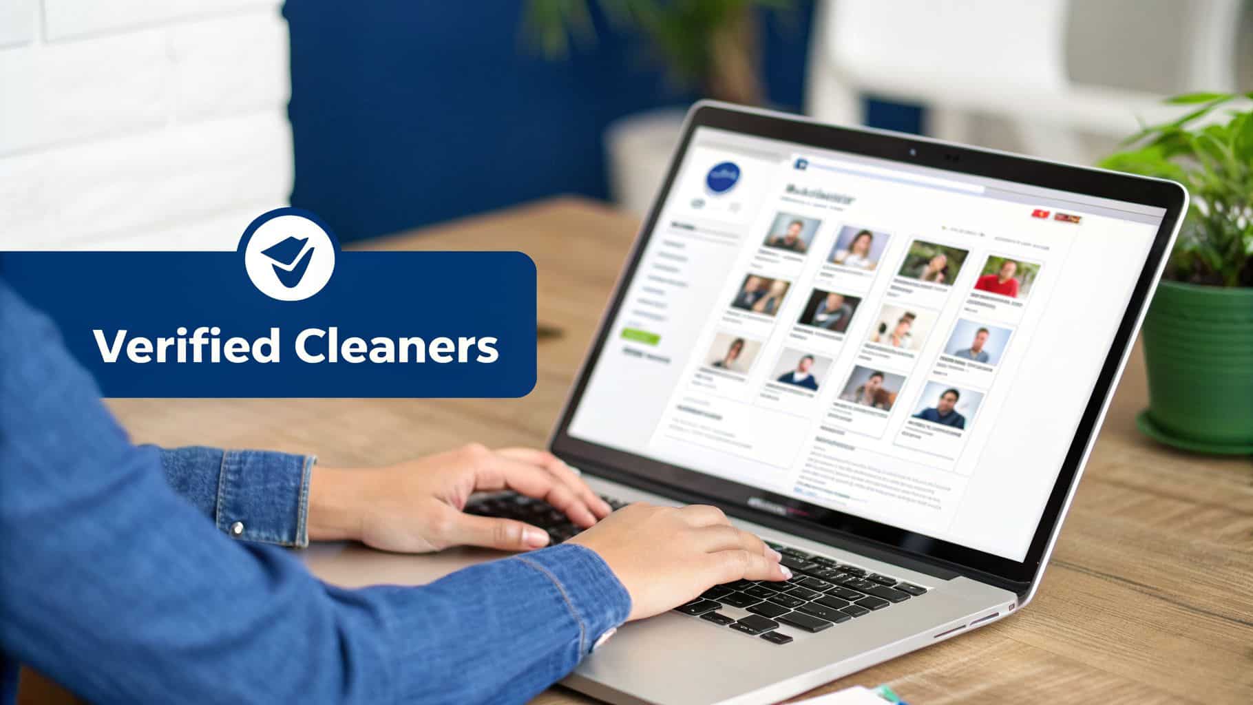 Cleaner Connect Person uses a laptop displaying profiles, next to a blue banner reading 'Verified Cleaners' with a checkmark.
