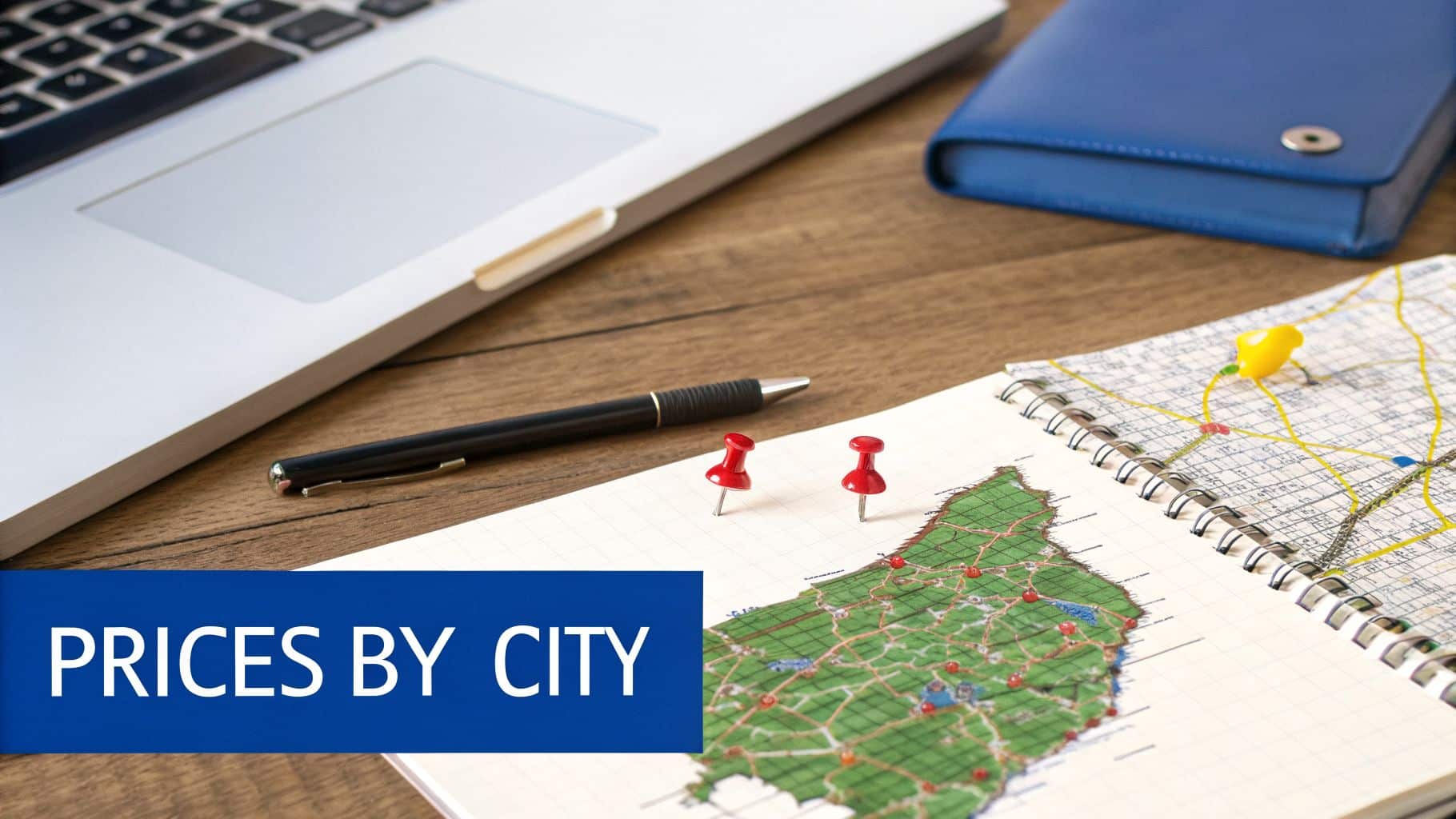 Overhead view of a laptop, pen, map with pushpins, and wallet, with 'PRICES BY CITY' text.
