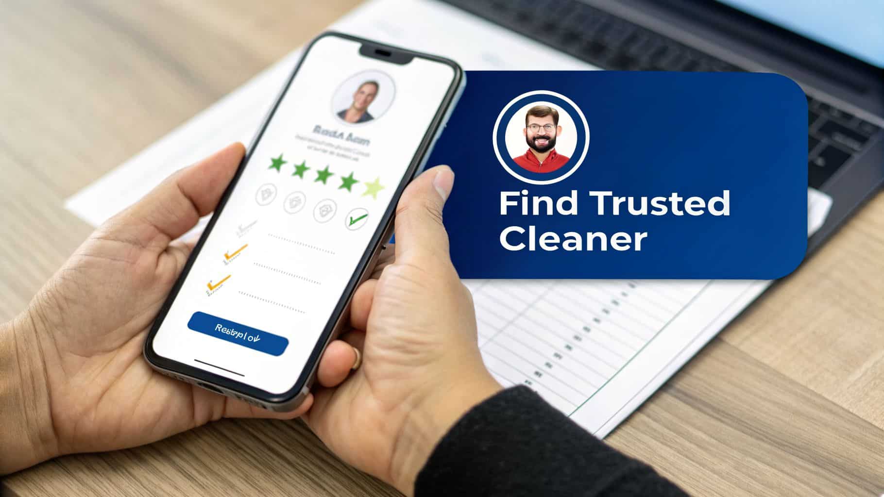 A person holds a smartphone displaying an app to find trusted cleaners, showing a profile with a 4.5-star rating.