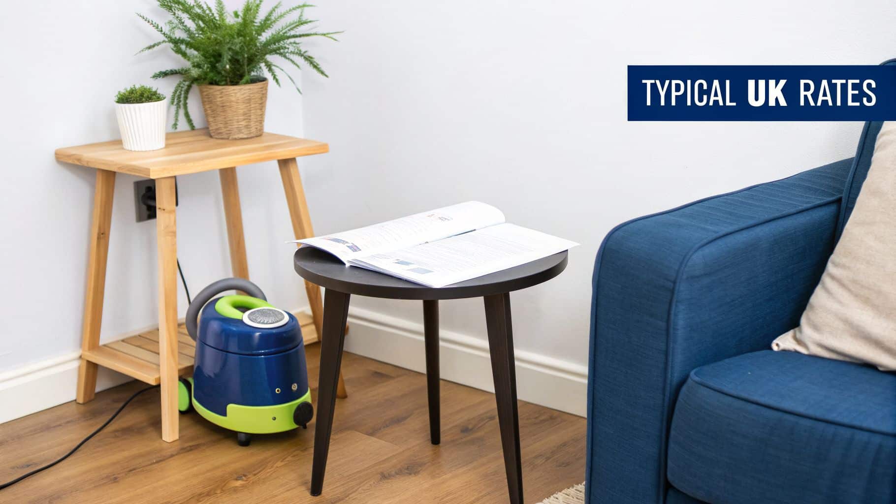 A cozy room with a blue sofa, side tables, potted plants, a magazine, and a small vacuum cleaner.