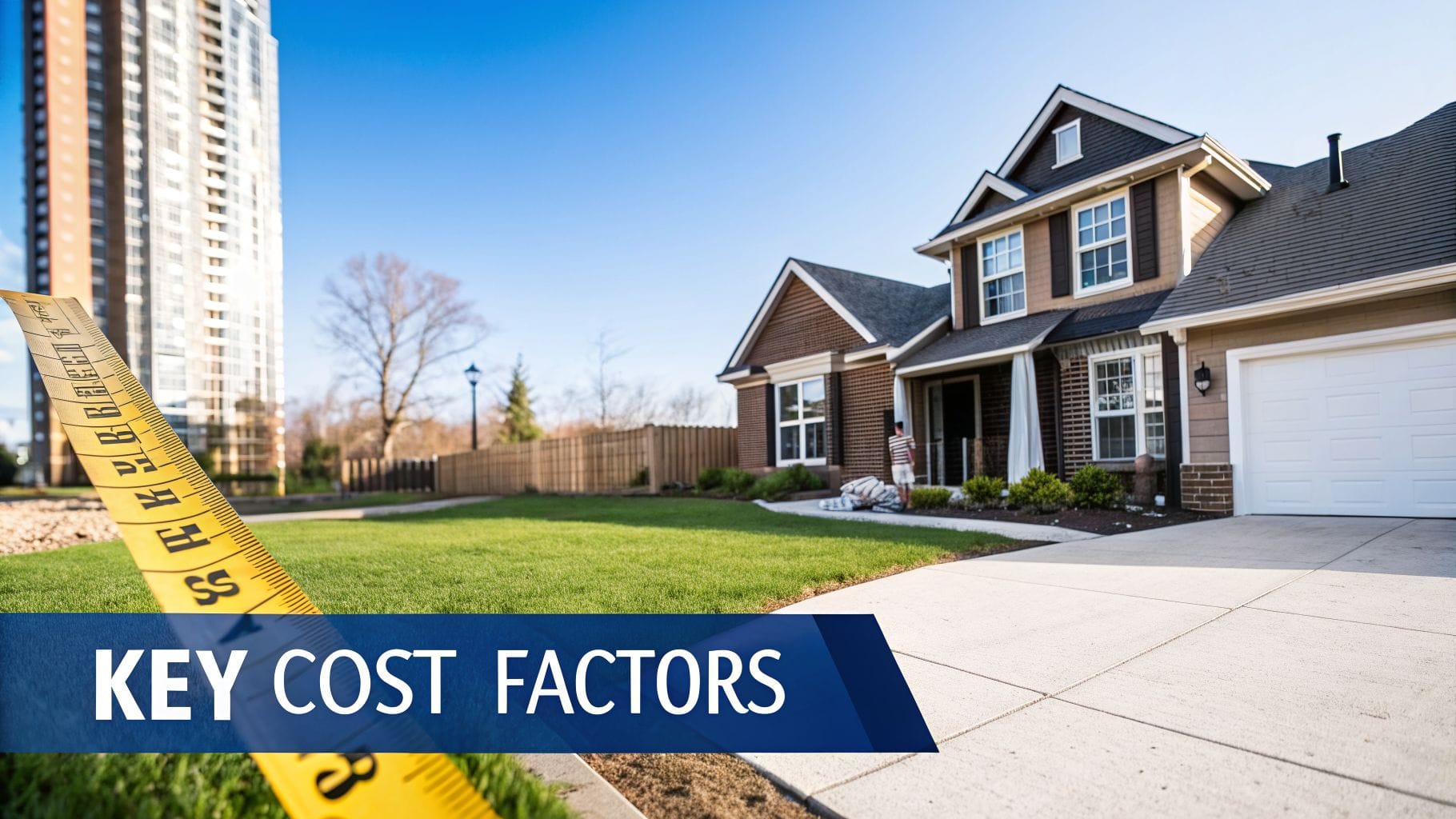 Measuring tape on a green lawn with a modern house and apartment building, highlighting cost factors.