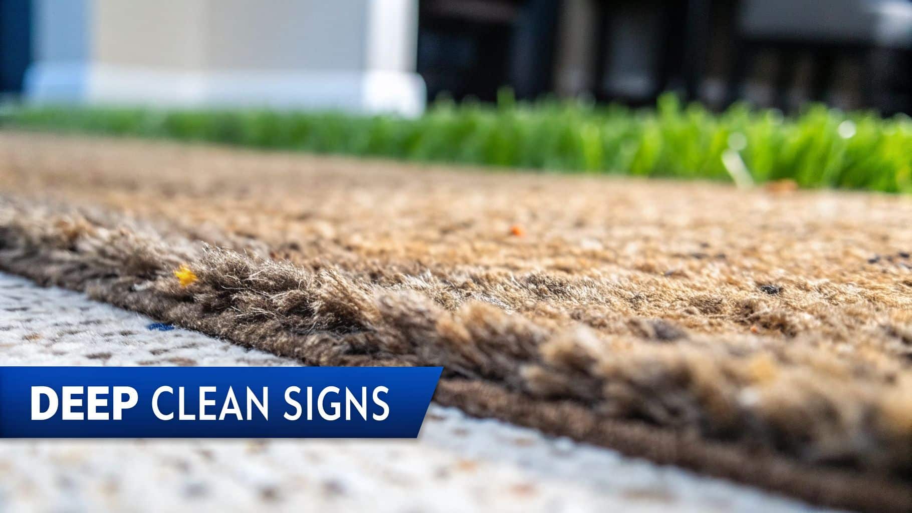 A close-up view of a textured brown doormat covered in dirt and debris, showing signs for a deep clean.