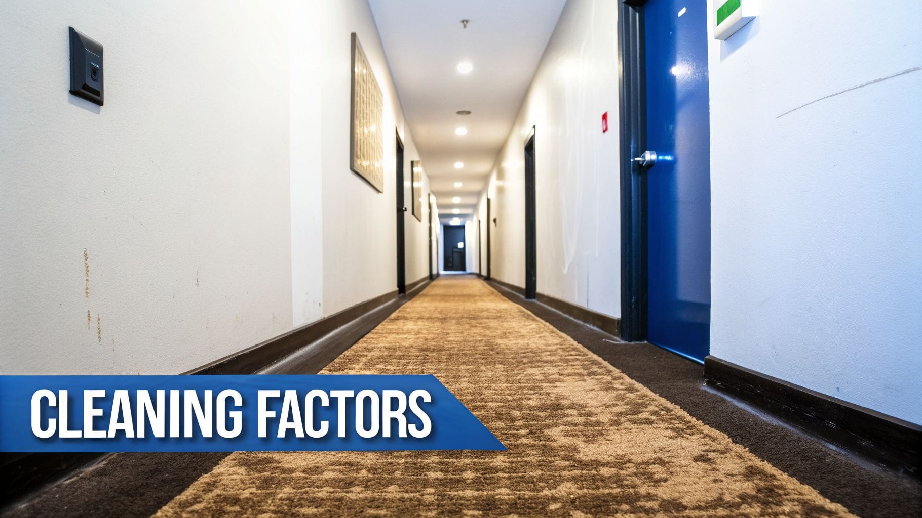 A long, carpeted hotel or apartment hallway with white walls and multiple doors, hinting at cleaning needs.