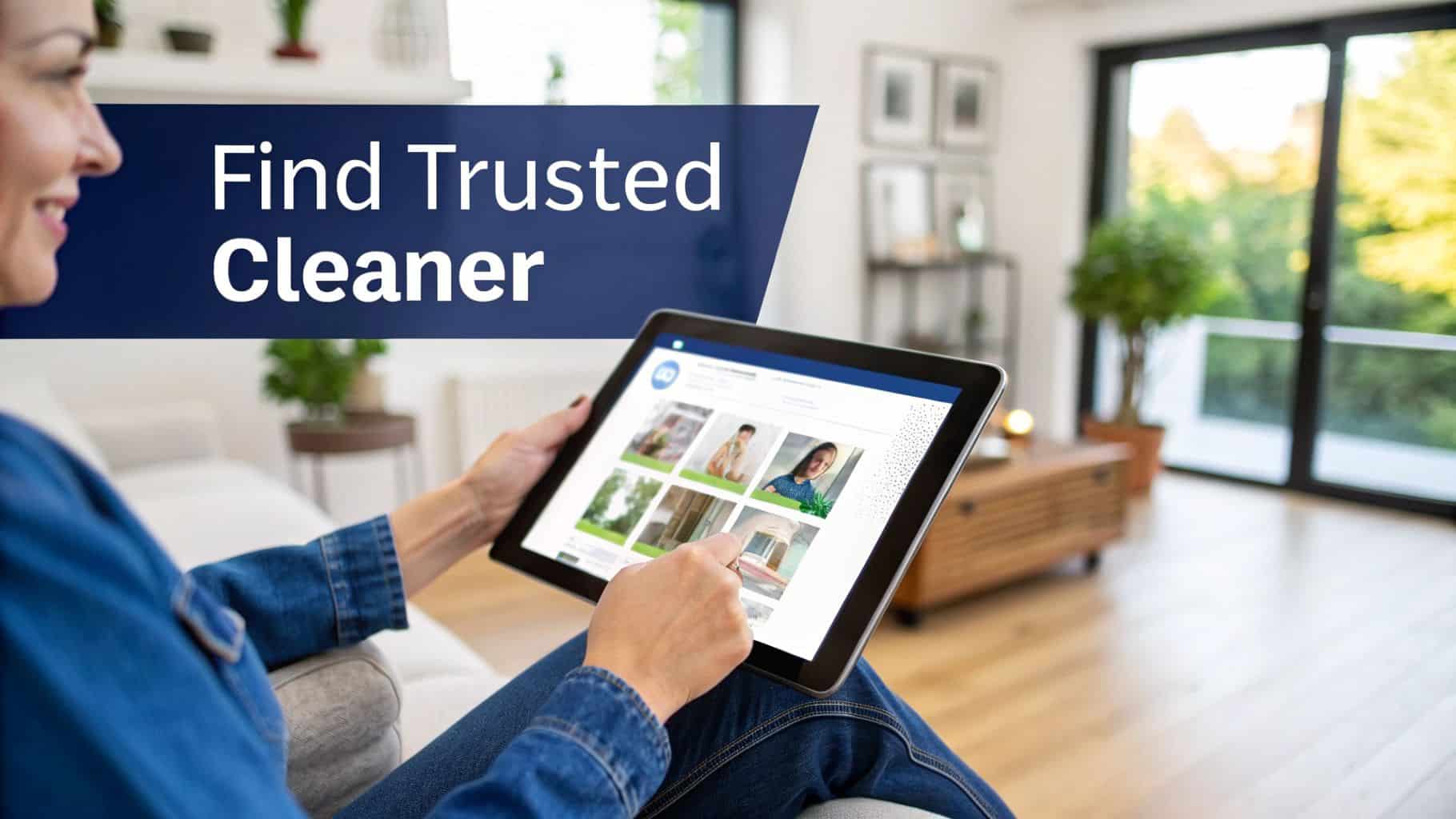 A smiling woman on a couch uses a tablet to browse profiles for finding a trusted cleaner.