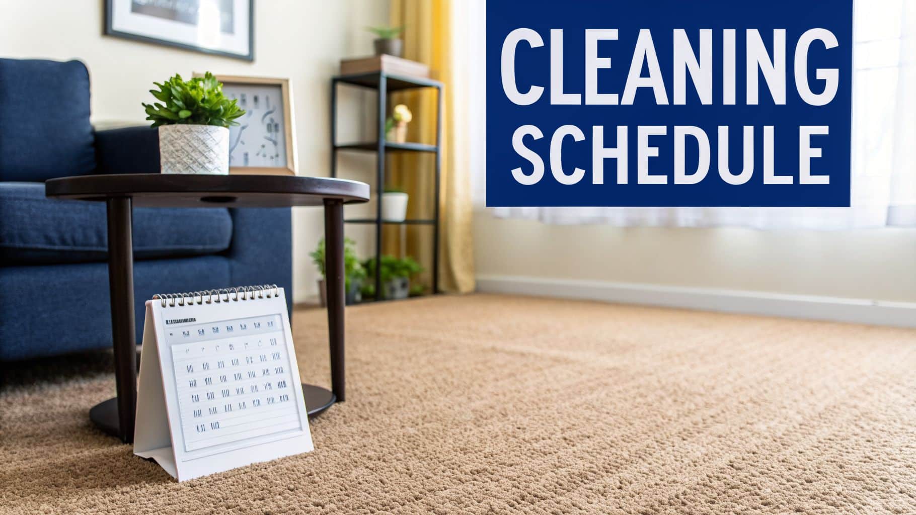 A calendar on a side table in a living room, with a 'CLEANING SCHEDULE' overlay.