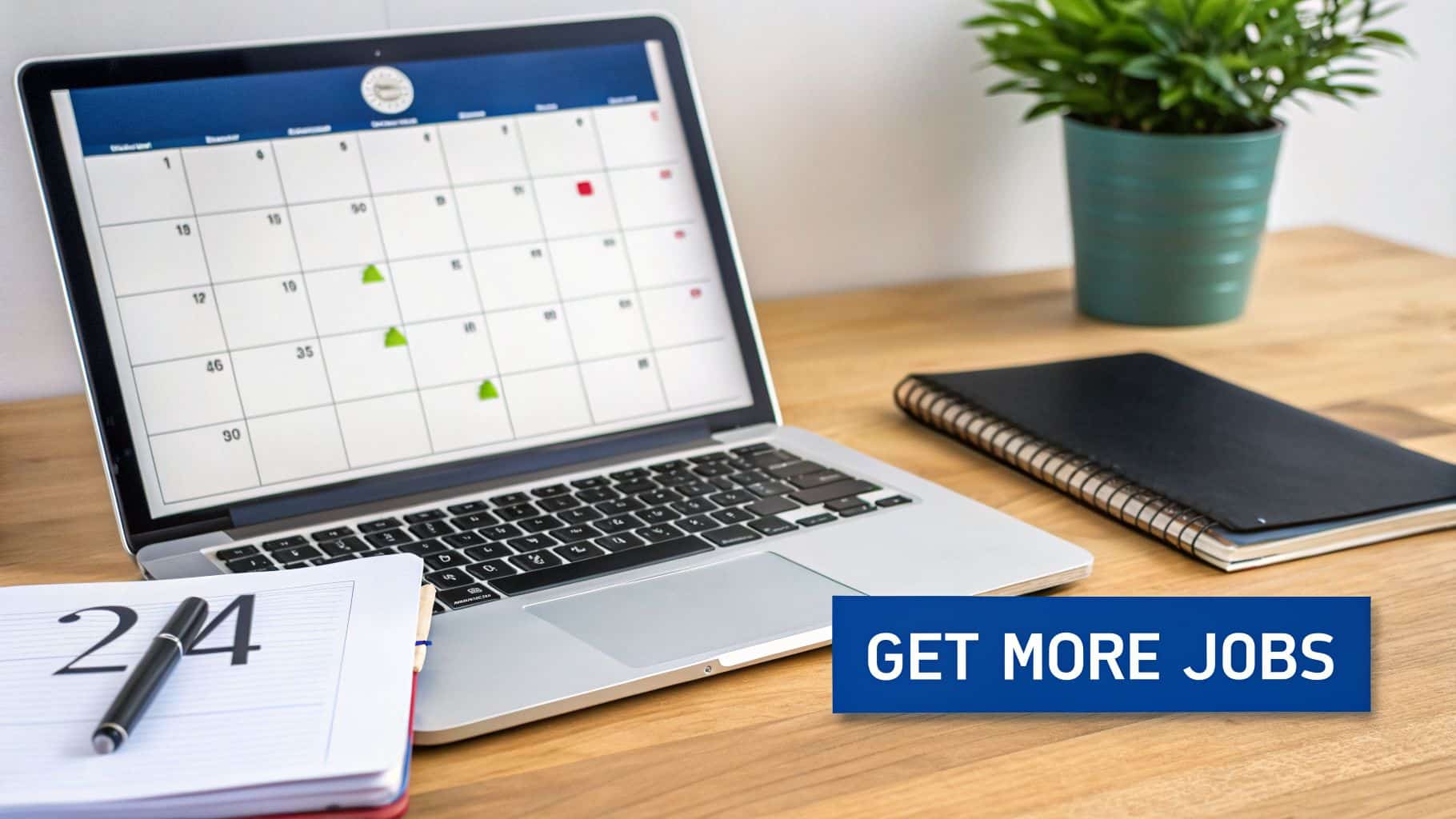 A laptop displays a calendar, a notebook with a pen, and a plant on a wooden desk with a 'GET MORE JOBS' banner.