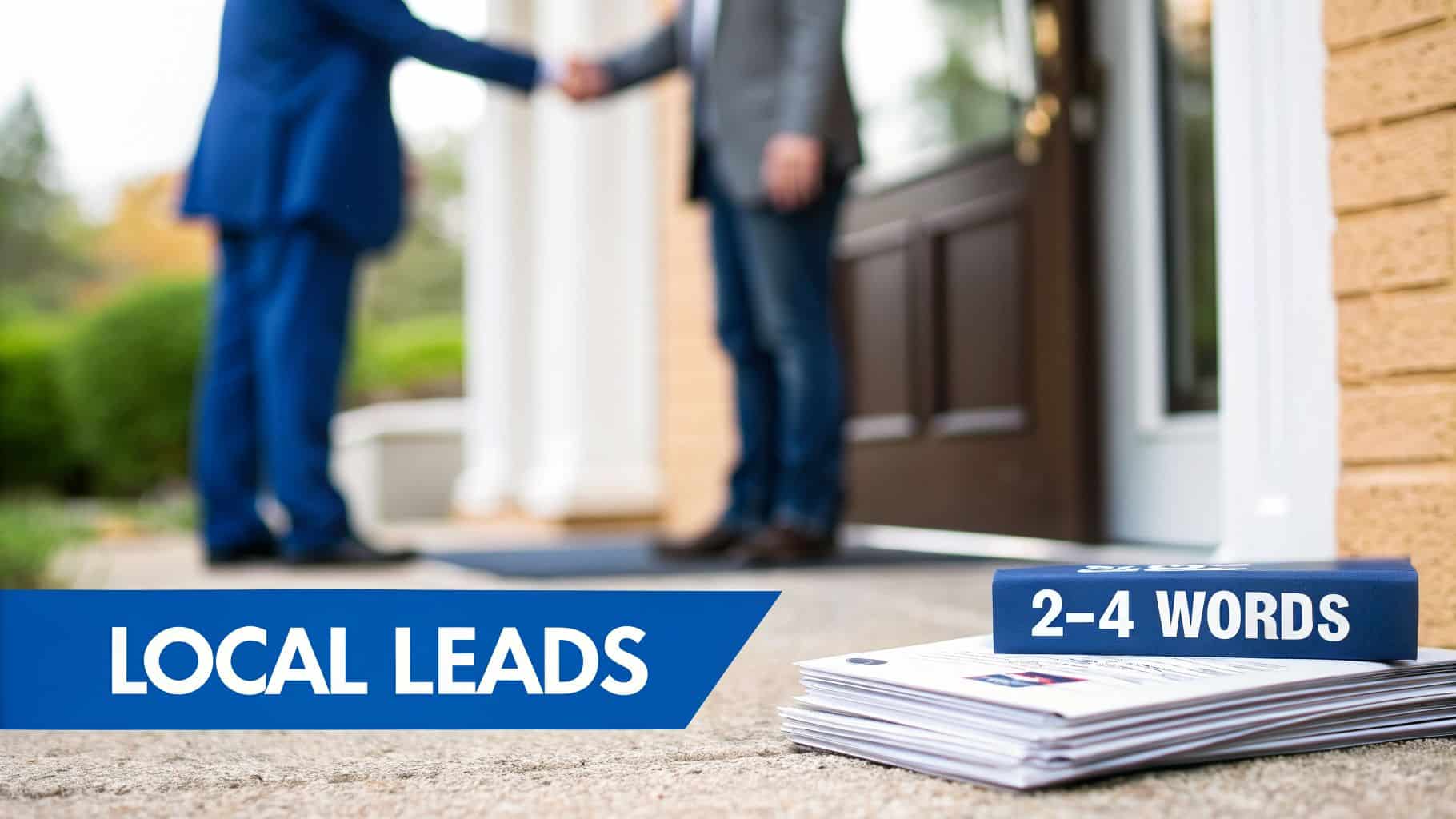 Two men shake hands outside a house, with a 'LOCAL LEADS' banner and mail, signifying a successful local business connection.
