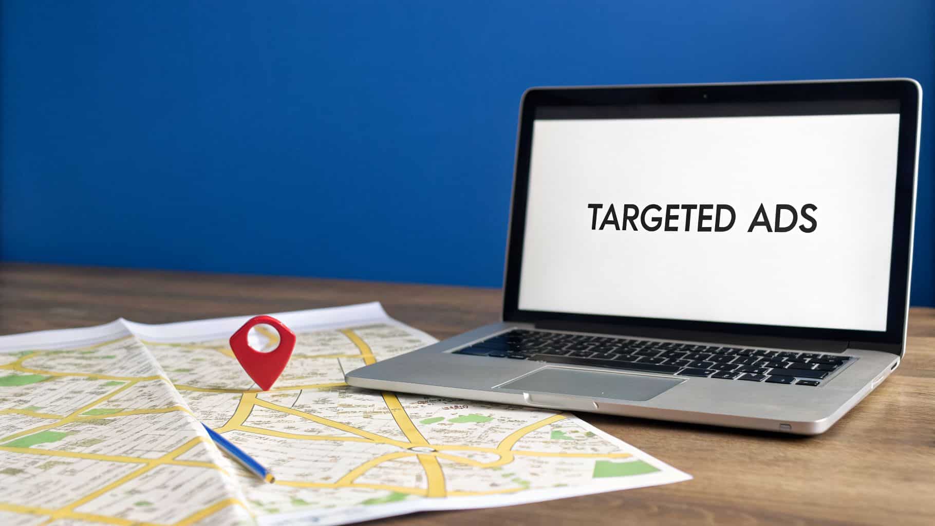A laptop screen displays 'TARGETED ADS' next to a map with a red location pin.