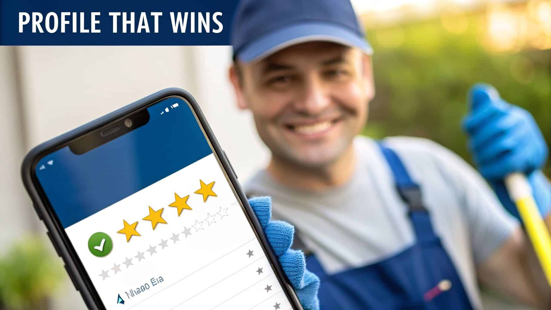 Smiling service worker displays a winning profile on a smartphone with three golden stars.