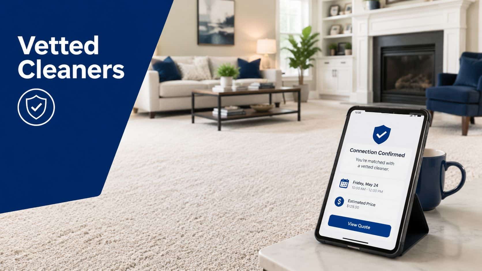 A digital tablet displaying a confirmation of a professional house cleaning booking service with pricing information.