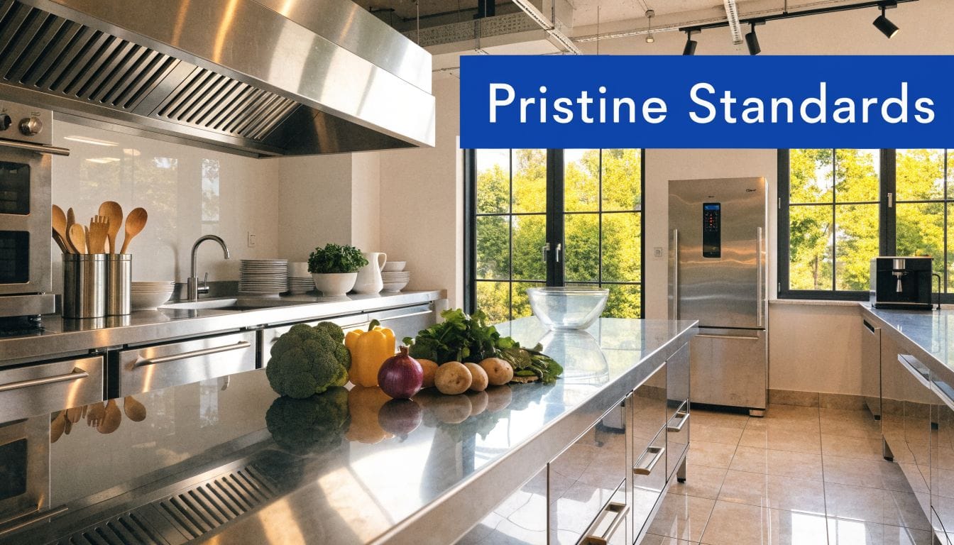 A professional stainless steel restaurant kitchen featuring fresh vegetables on a central island counter and clean appliances.