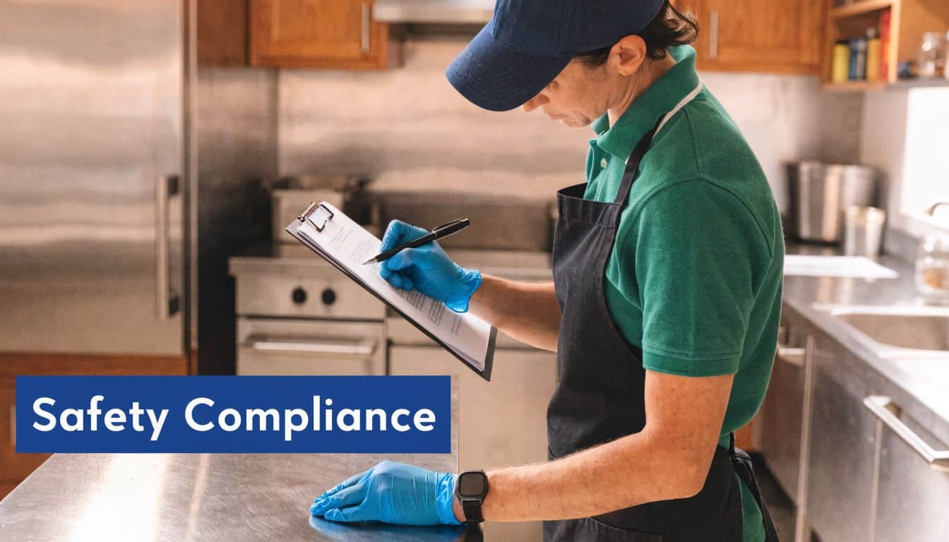 A professional food service worker wearing gloves performing a safety compliance inspection in a restaurant kitchen.