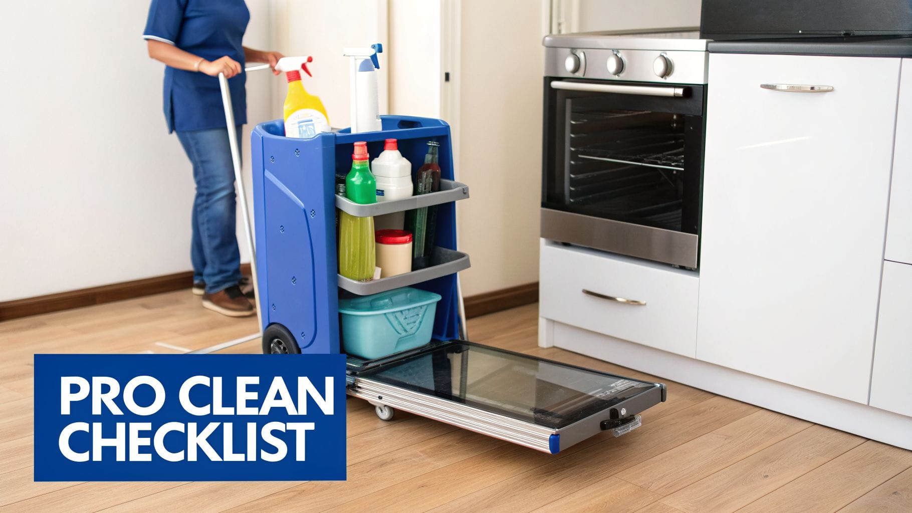 Professional cleaner pushing a fully stocked blue cleaning cart with supplies in a bright kitchen.