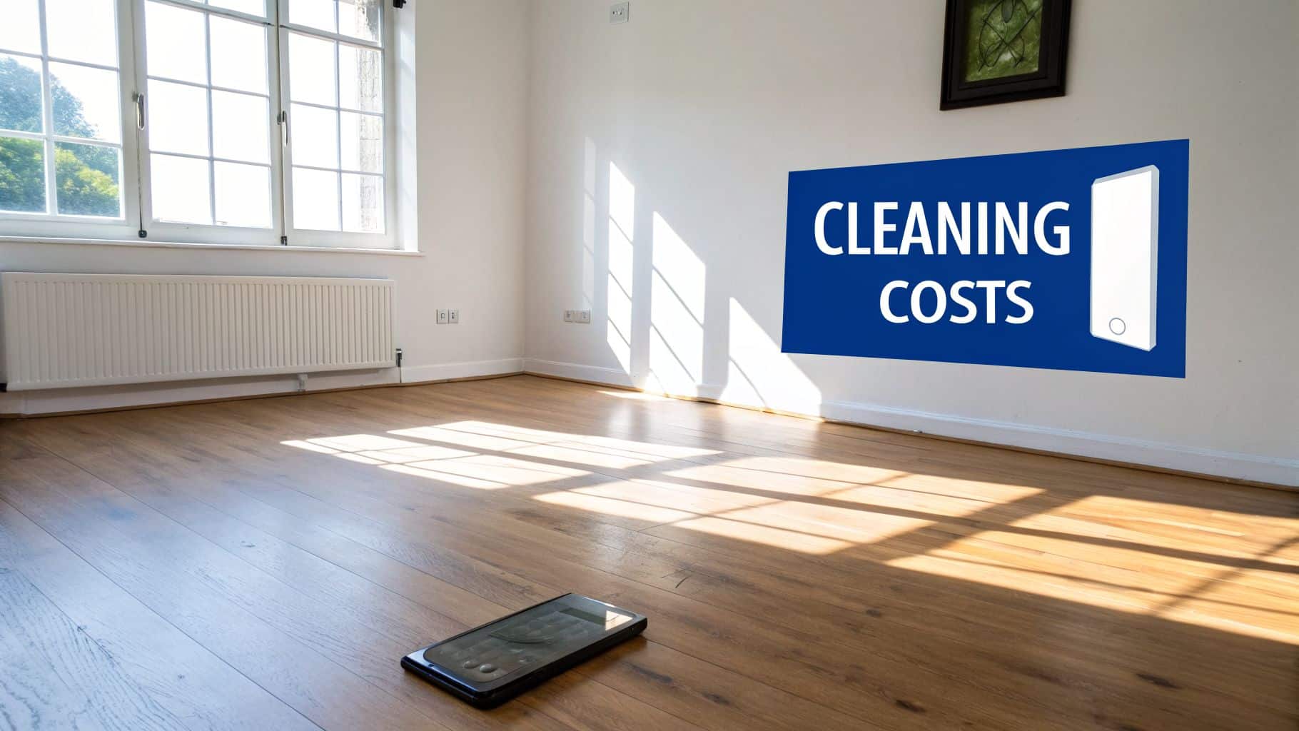 An empty room with wooden floors and a blue sign displaying 'CLEANING COSTS' on the wall.