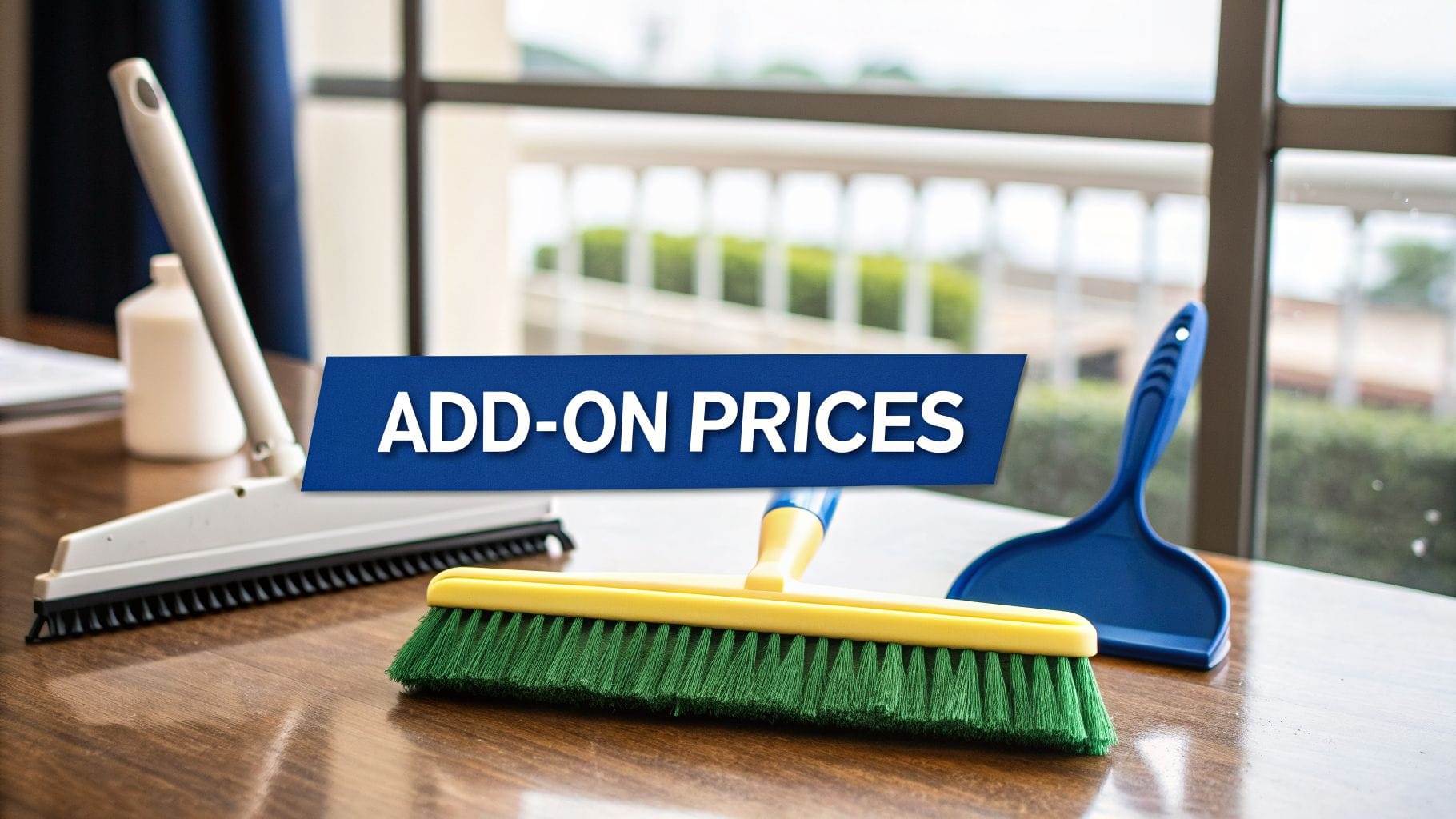 Cleaning tools including a brush, squeegee, and dustpan on a wooden table with an 'Add-on Prices' banner.