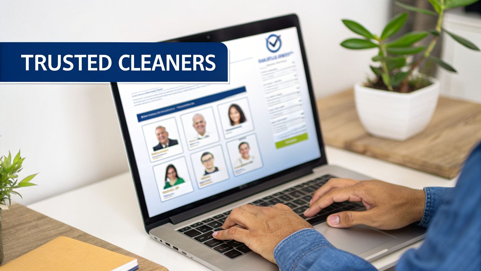 A person using a laptop to browse a website displaying profiles of trusted cleaners.
