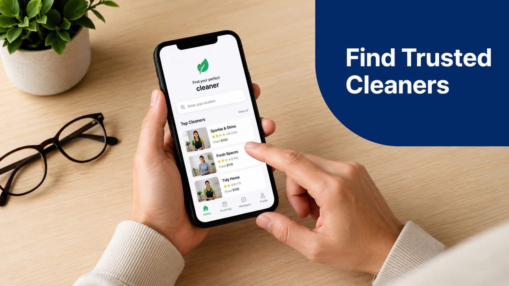 Cleaner Connect A person holds a smartphone displaying a mobile app for finding professional local cleaning services.
