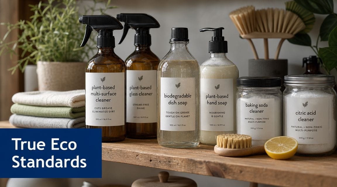 Cleaner Connect A collection of natural eco-friendly cleaning supplies in glass bottles and jars on a wooden shelf.