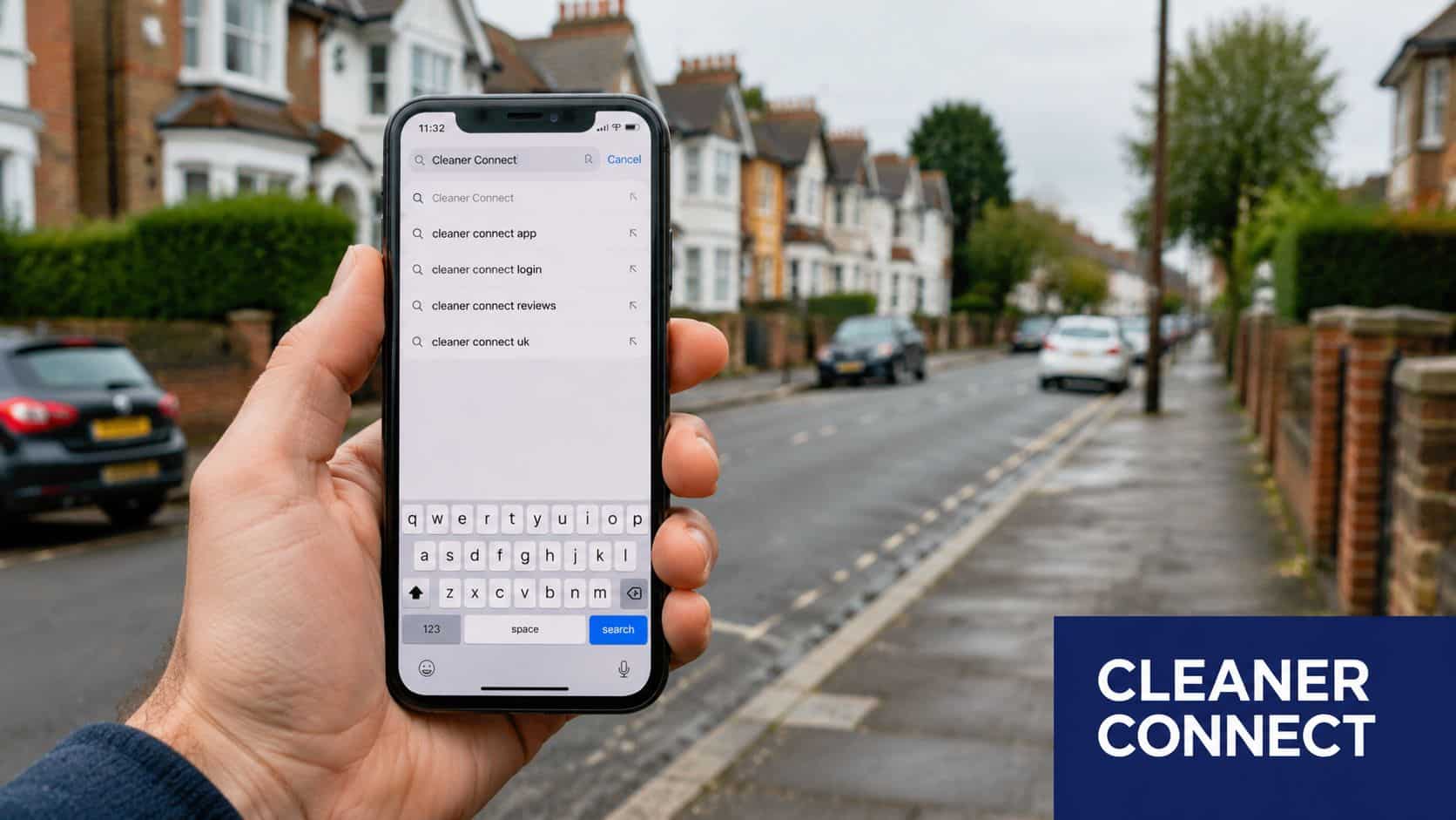 A person holding a smartphone showing a search for the phrase Cleaner Connect on a street.