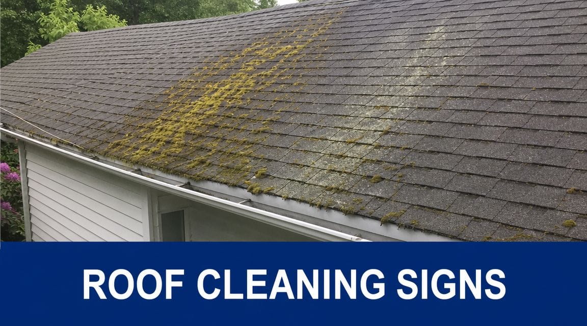 A roof showing significant moss growth and lichen patches, highlighting the need for professional roof cleaning services.