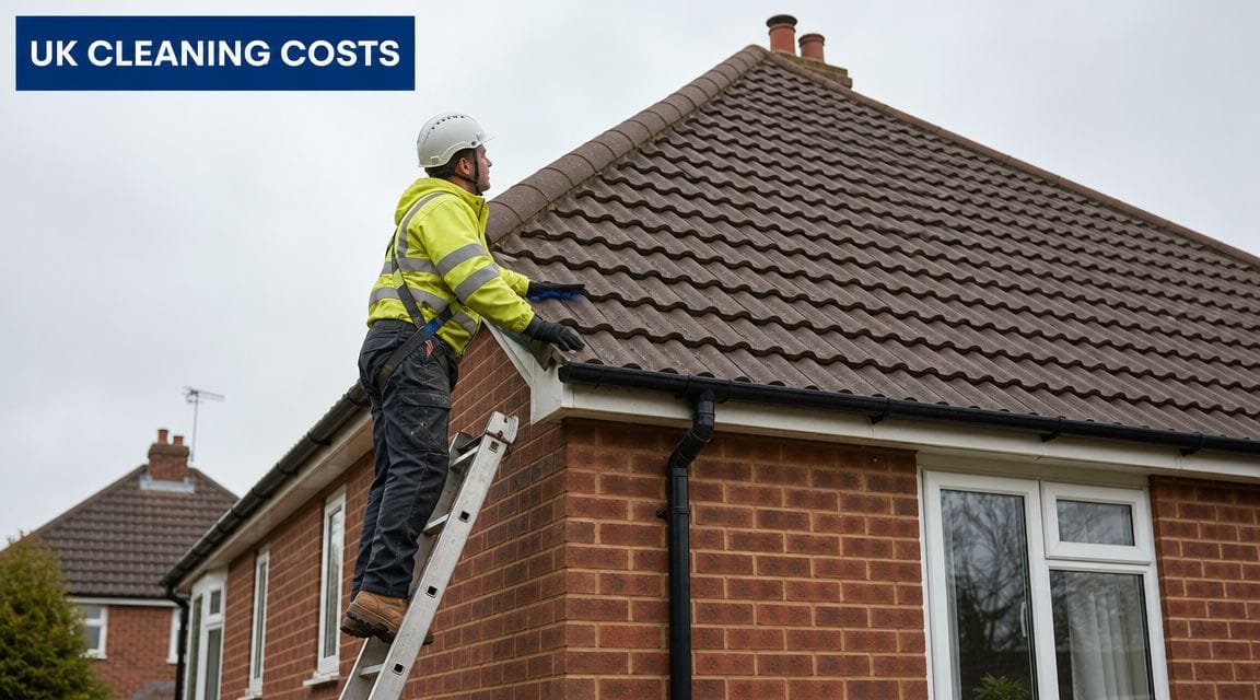 A professional tradesman in high-visibility gear on a ladder cleaning roof tiles on a residential house.
