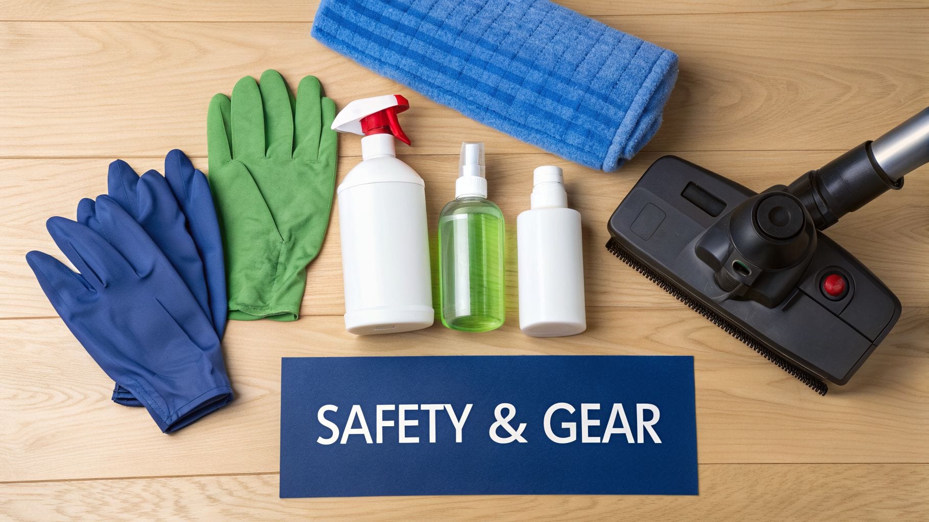 A flat lay of cleaning supplies and safety gear including gloves, bottles, towel, and a vacuum head.