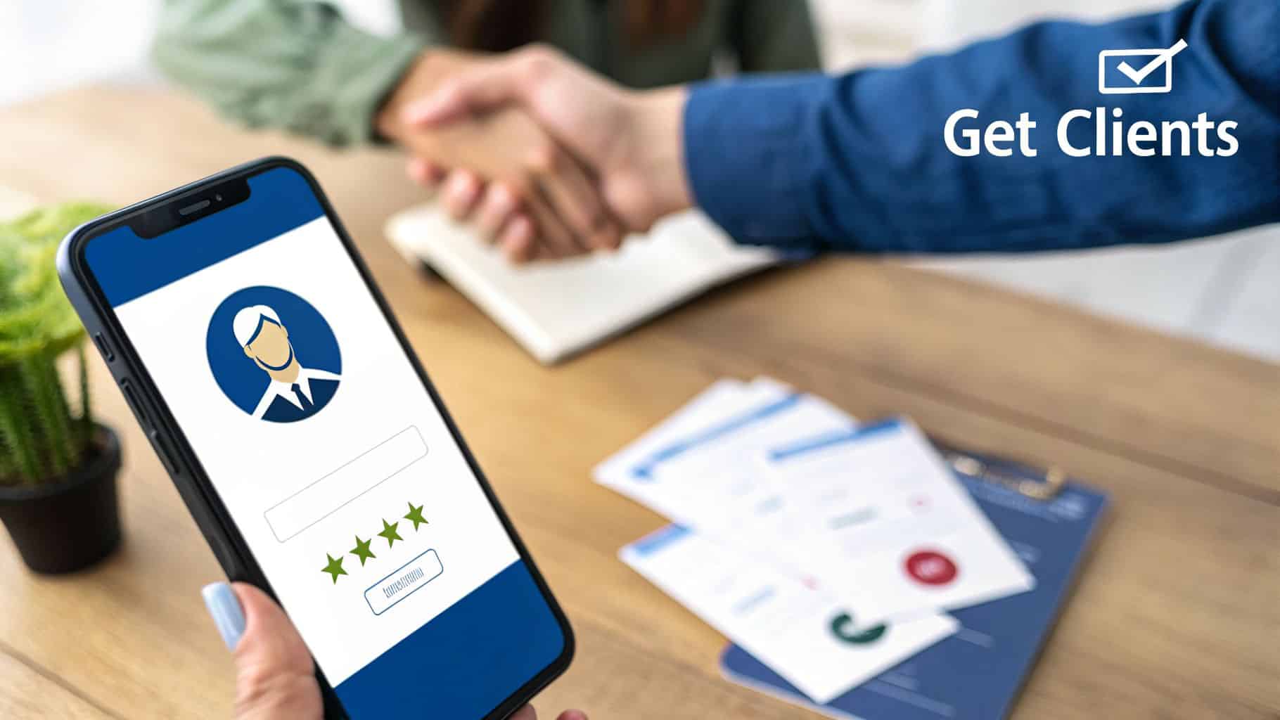 A smartphone displaying a client profile and ratings, with a handshake in the background, signifying getting clients.