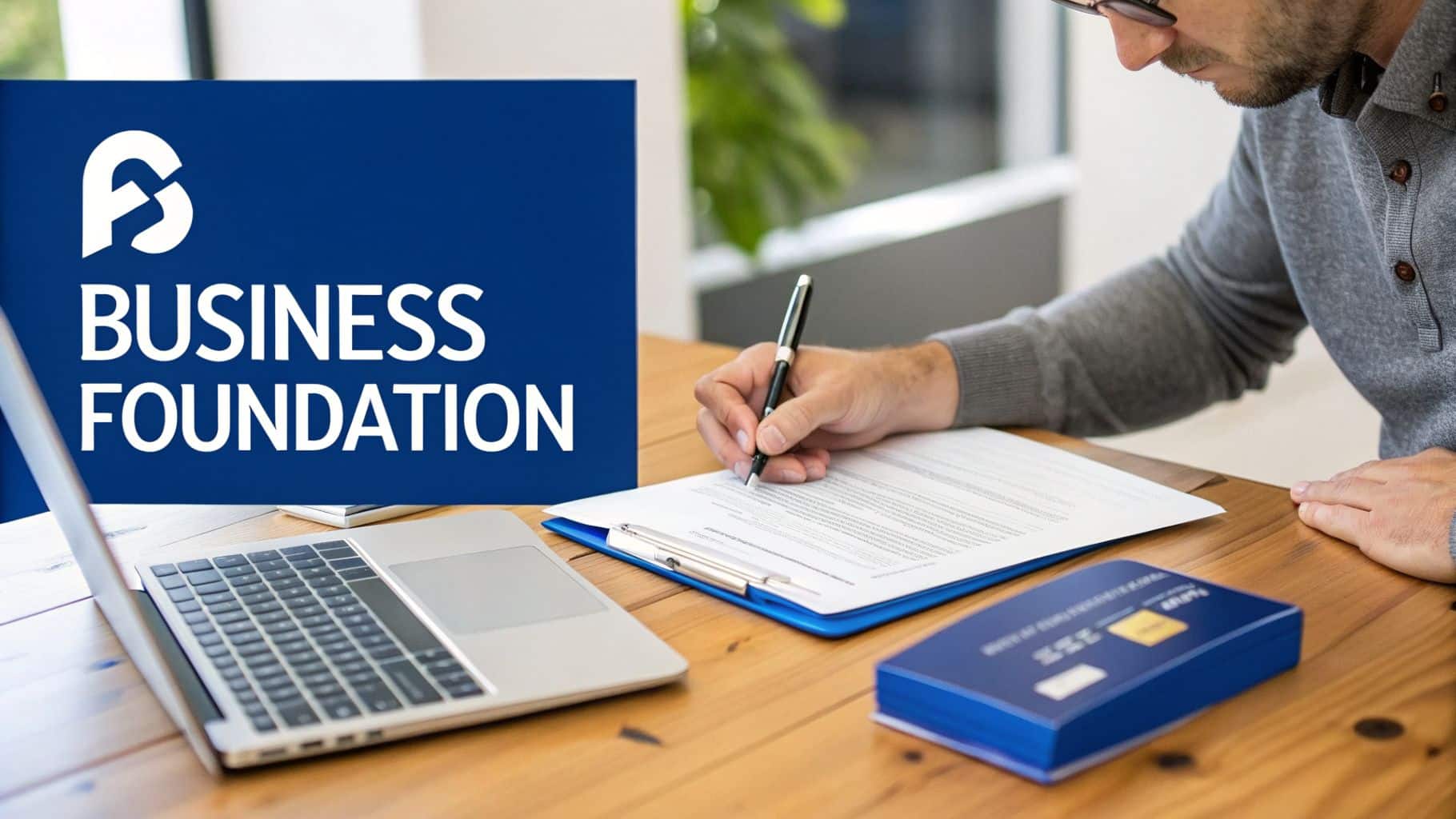 A man in glasses signs a document at a desk with a laptop, next to a 'Business Foundation' sign.