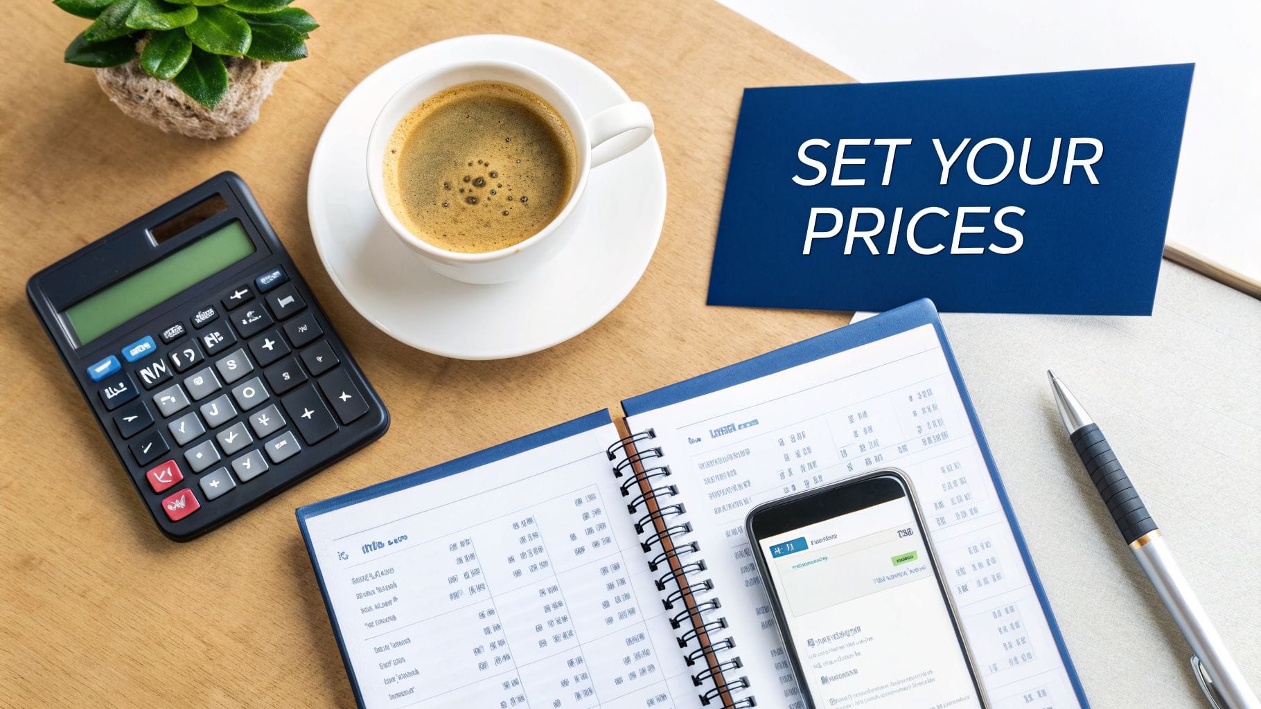 A flat lay of a desk with a calculator, coffee, notebook, phone, and a 'Set Your Prices' card.
