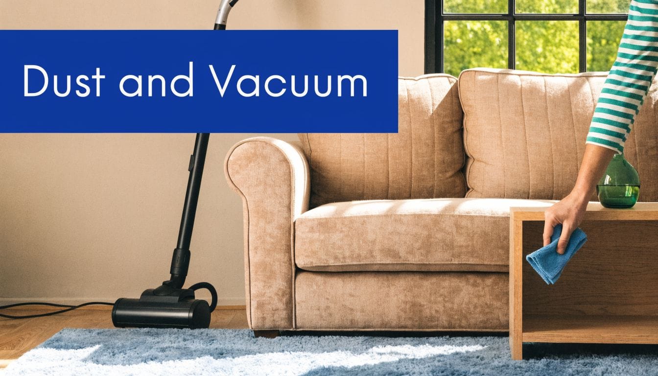 A person cleaning a wooden side table with a blue cloth near a sofa and vacuum cleaner.