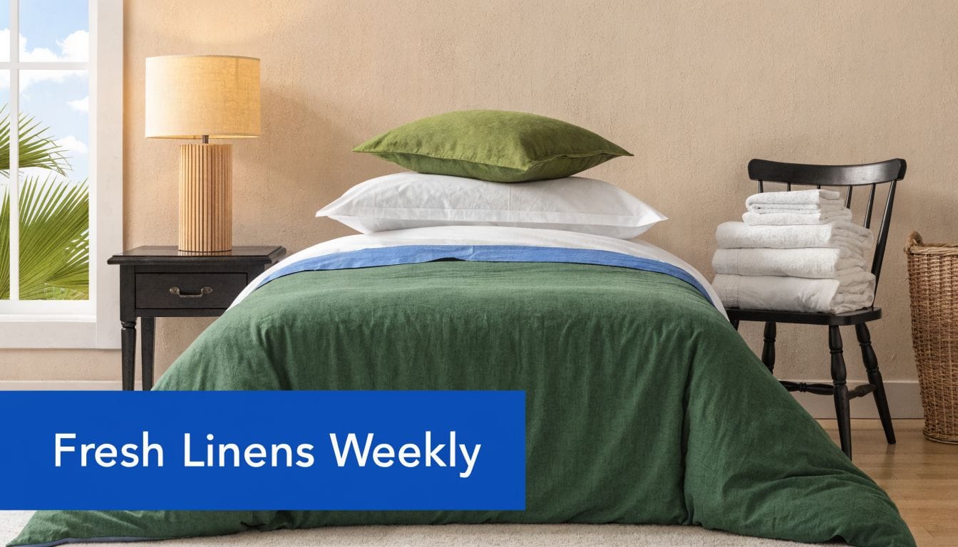 A neatly made bed with green bedding, pillows, and a stack of clean towels on a chair.