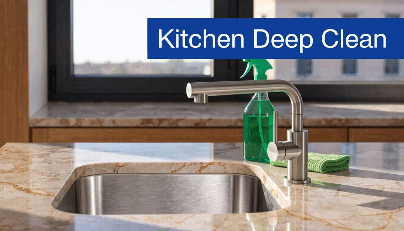 A clean modern kitchen sink with a green spray bottle and cloth on a marble countertop.
