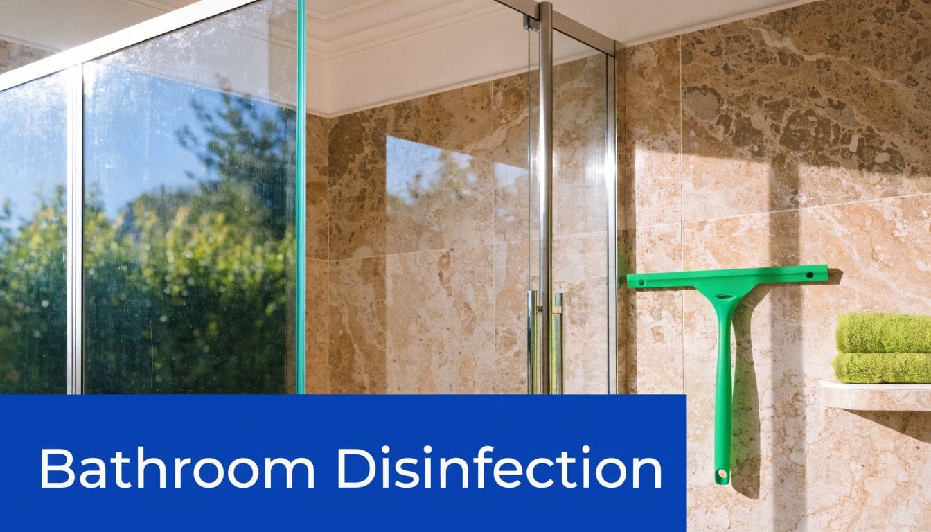 A modern shower stall with glass doors and a green squeegee hanging on a tiled wall.