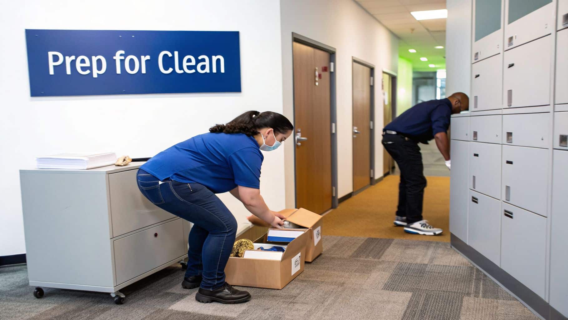 Two people prepare an office for cleaning, with one organizing boxes and the other tending to lockers.