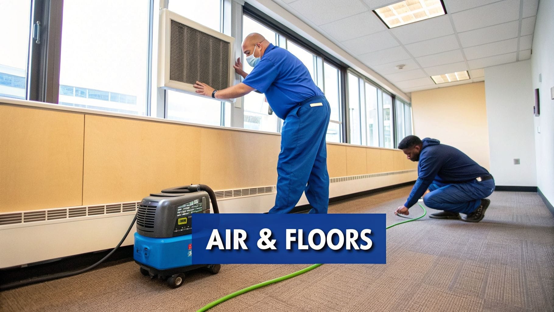 Two men in blue uniforms provide professional air conditioning and floor deep cleaning services.