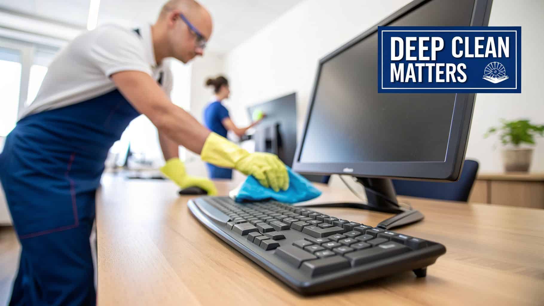 Professional cleaners wearing gloves meticulously deep clean office workstations, wiping a keyboard.