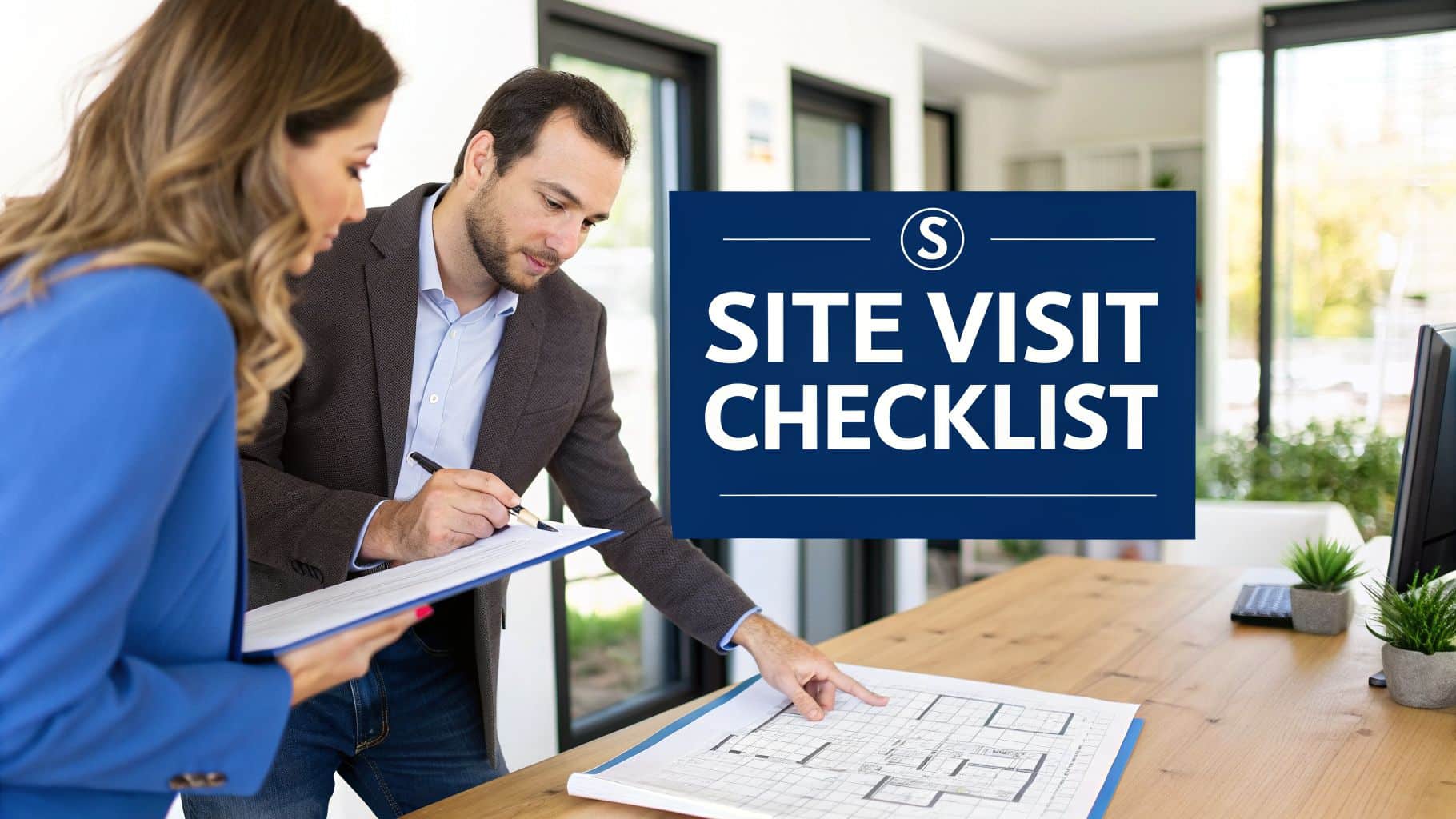 Two professionals review blueprints and a site visit checklist at a modern office.