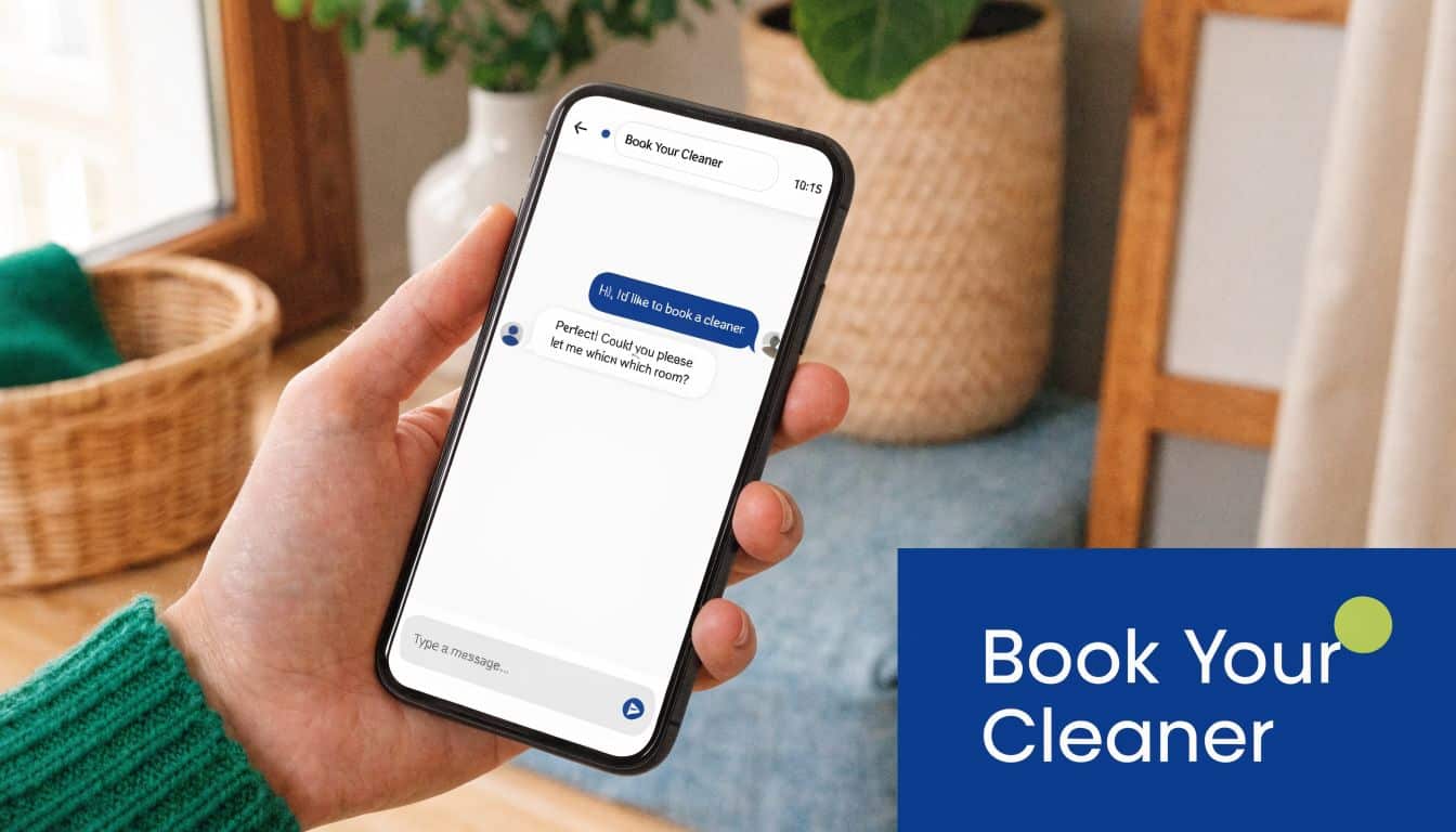 A person holds a smartphone displaying a messaging app interface to book professional cleaning services online.