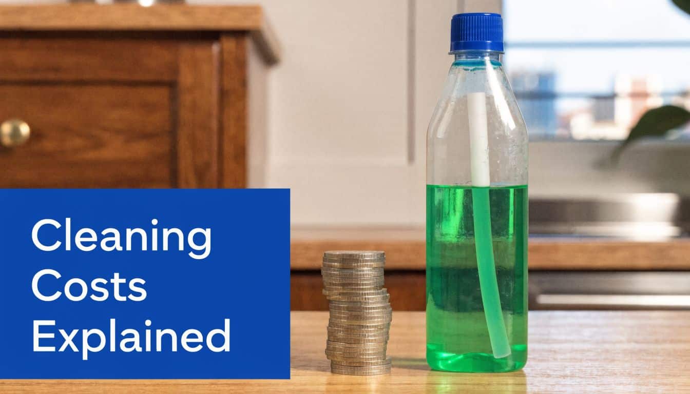 A stack of coins next to a bottle of green cleaning liquid on a wooden surface.