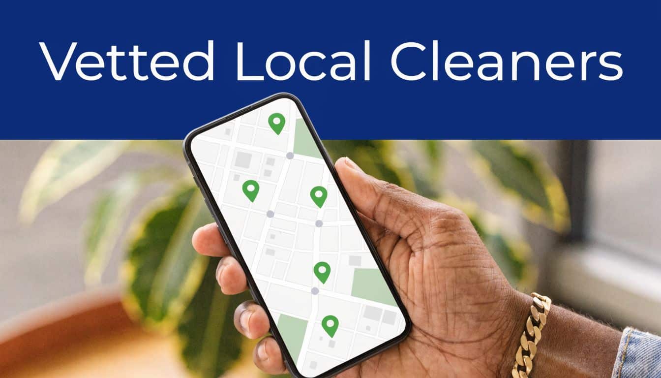 A hand holding a smartphone displaying a map with green pin markers for local cleaning services.