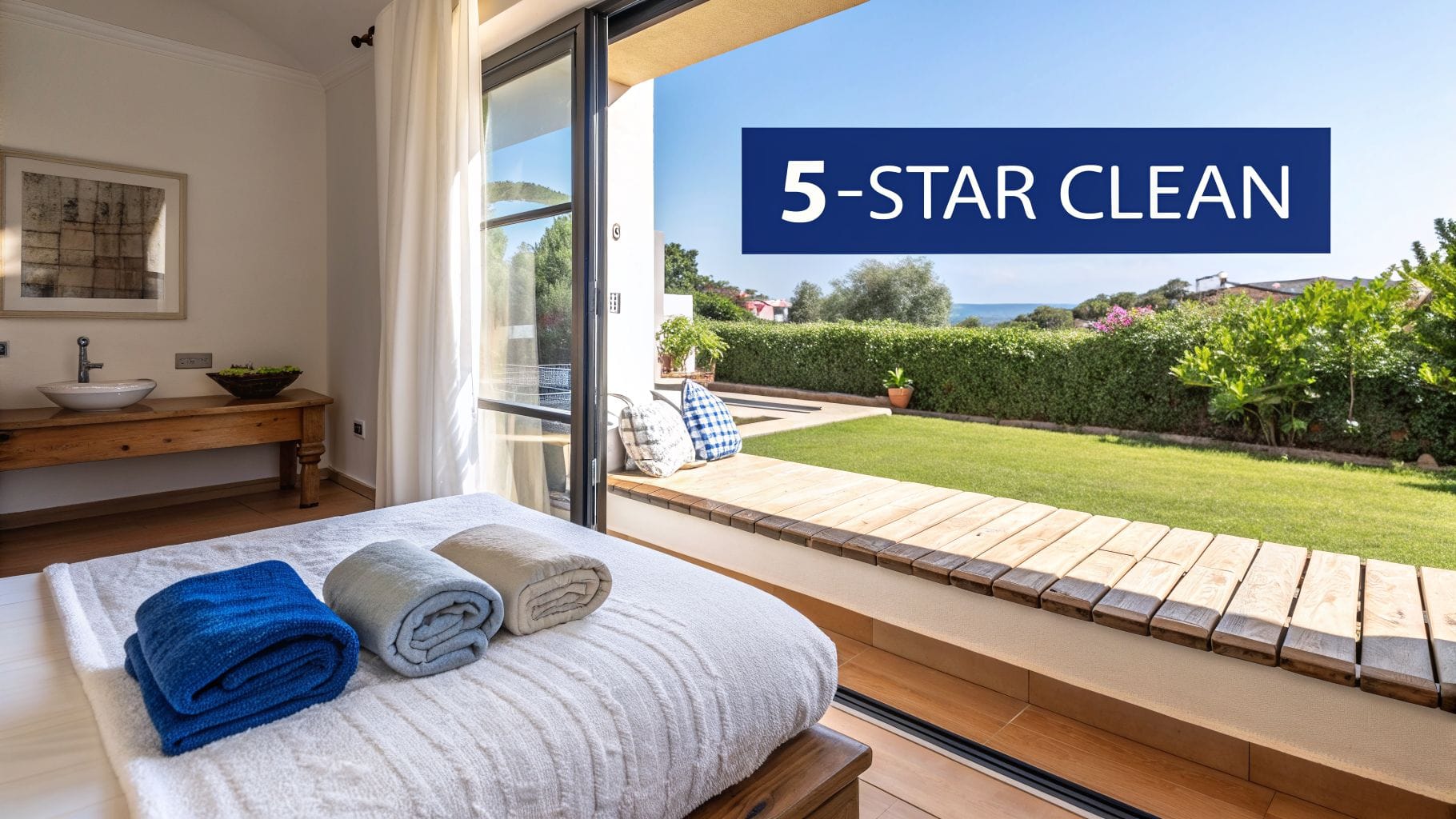 A pristine bedroom featuring a bed with fresh towels, a vanity, and an open view to a lush garden.