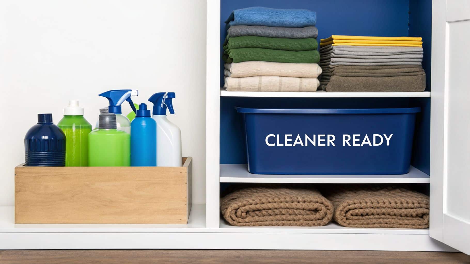 A neat cabinet with various cleaning supplies, folded towels, and a 'CLEANER READY' bin, ideal for hospitality.