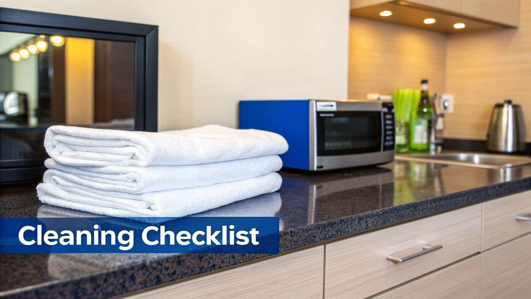 Fresh white towels stacked on a clean kitchen counter in a modern hotel or Airbnb kitchenette, ready for guests.