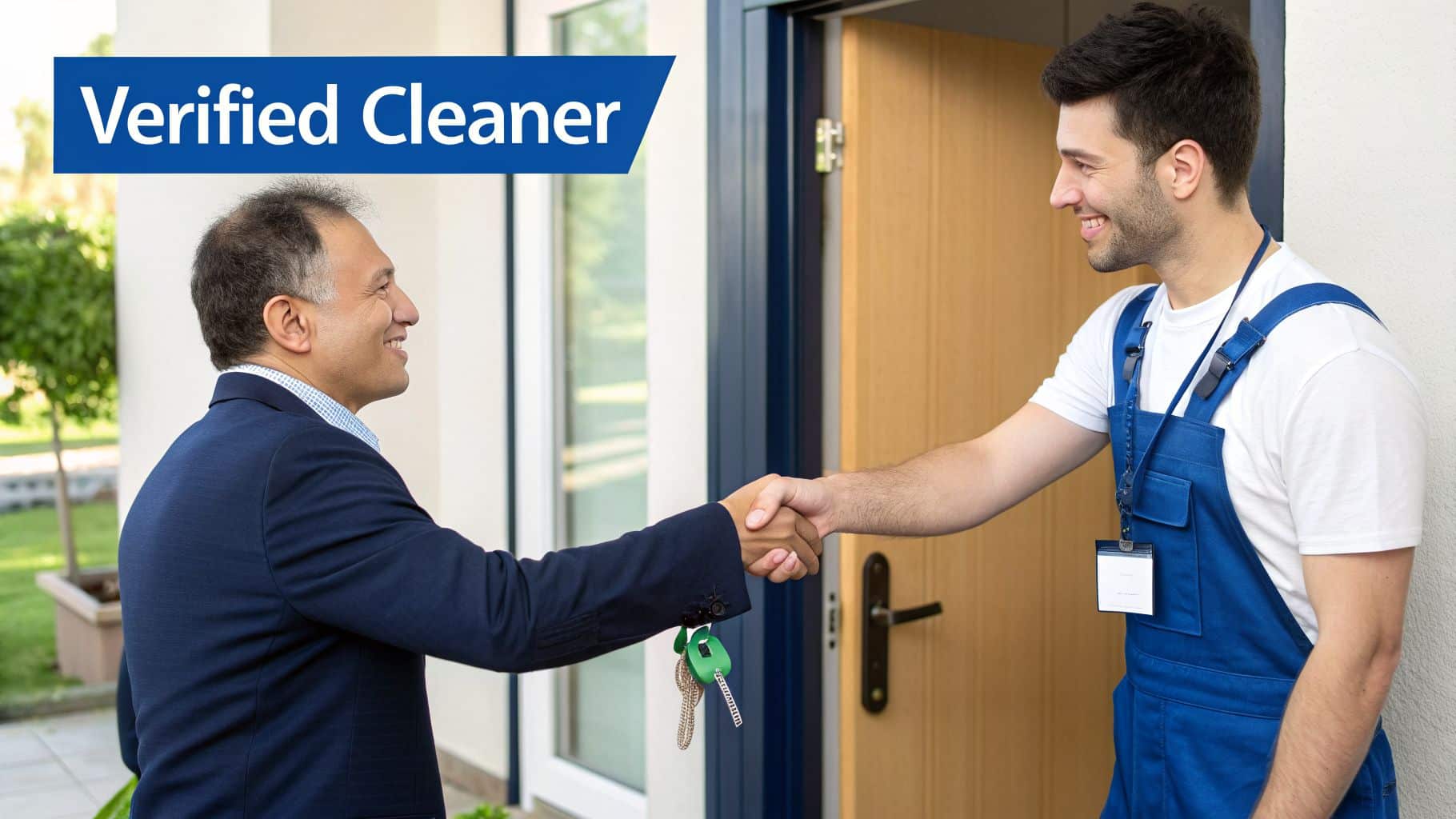 Two smiling men, a homeowner and a verified cleaner in blue uniform, shaking hands at a doorway.