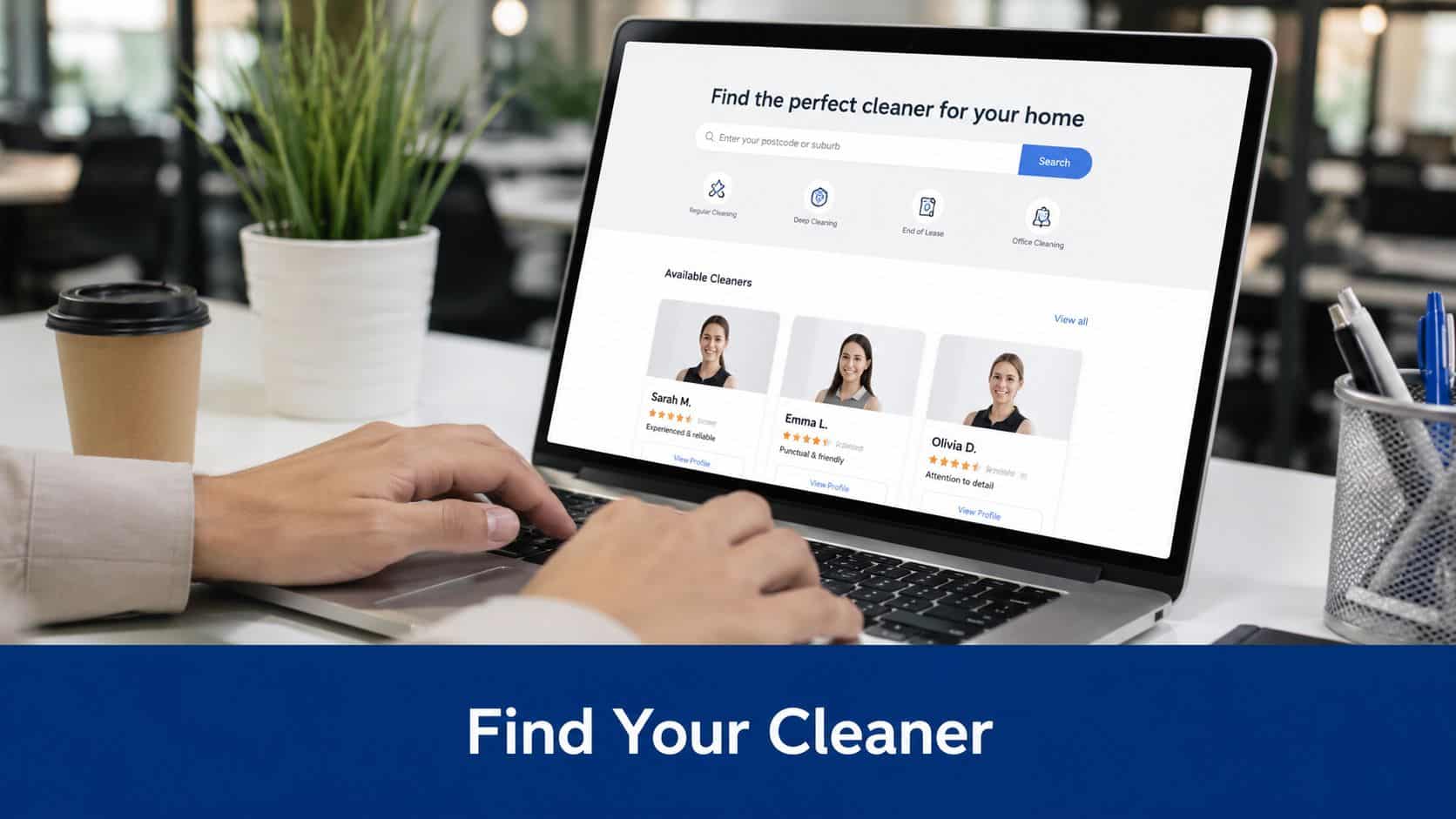 Cleaner Connect A person using a laptop to browse a website for finding professional cleaning services in their area.