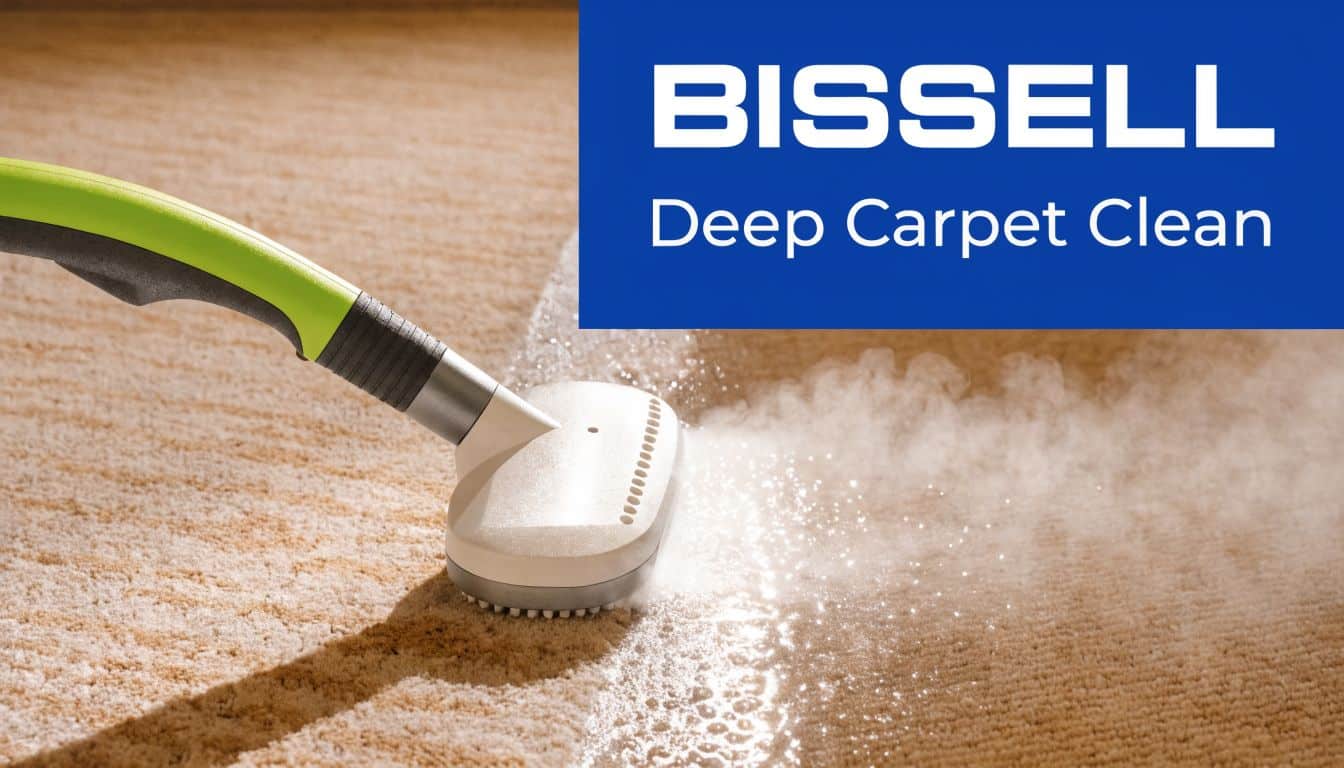 A Bissell cleaning tool spraying steam to deep clean a beige carpet in a home interior.